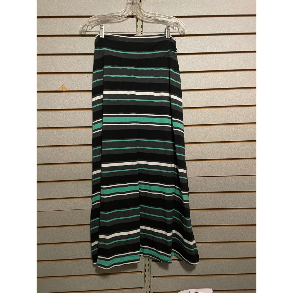 Merona Black Gray White Teal Stripe Maxi Skirt Women's Size‎ Medium side slits